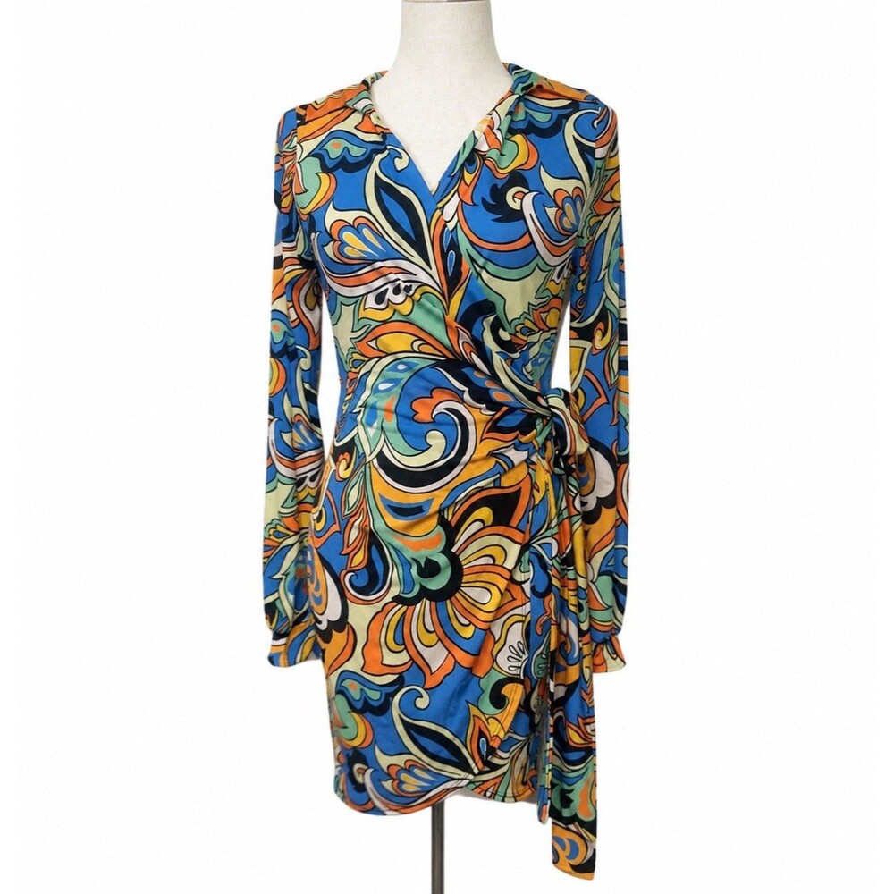 MadRag Women’s Small Psychedelic Wrap Dress Blue Orange Retro Mod Long Sleeve